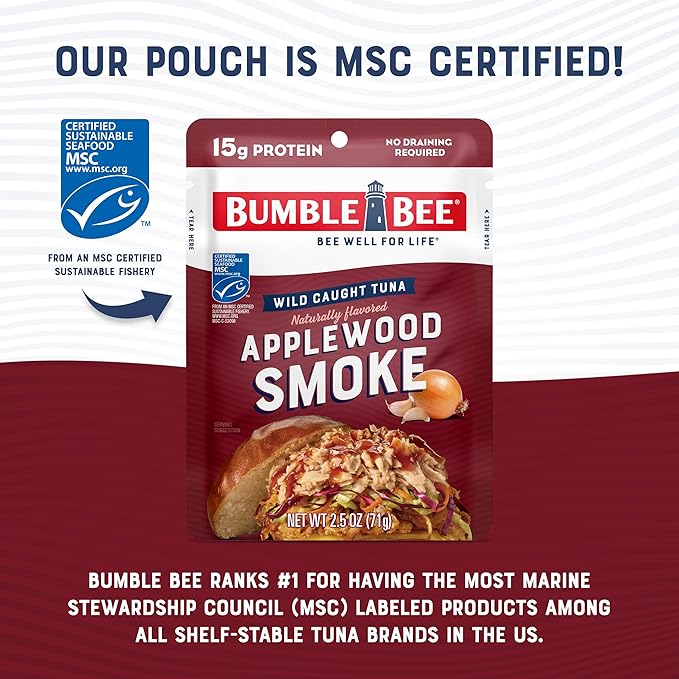 Bumble Bee Applewood Smoke Seasoned Tuna, 2.5 oz Pouches (Pack of 12) - Ready to Eat - Wild Caught Tuna Packet - 15g Protein per Serving - Gluten Free