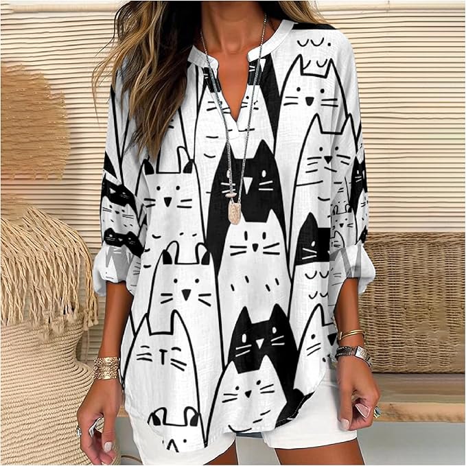 MARSVOVO Cat Shirts for Women Long Sleeve Cute Cat Pullover Graphic Novelty V Neck Blouse Oversized Funny Tunic Tops