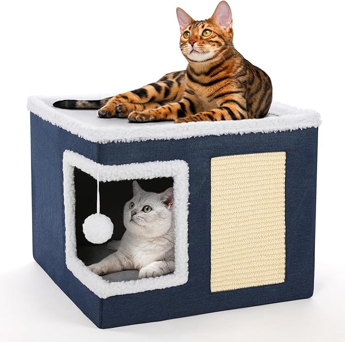 Cat Houses for Indoor Cats, Large Cat Beds Cave with Hideaway Condos, Scratch Pads, Fluffy Balls, Foldable Indoor Cat Cube House for Multi Small Pets Kitten (Dark Blue, Right-Angle)
