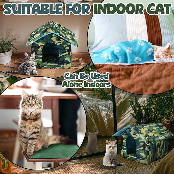 Outdoor Cat House Weatherproof Insulated Feral Cat Shelter Self Heating Pet House with Self Warming Pad Blanket Stake Winter Camouflage Collapsible Pet Shelter 14" x 13" x 12" (S Size)