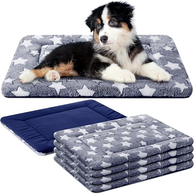 VitalCozy 4 Pcs Winter Dog Crate Pads, Ultra Soft Warm Washable Dog Cat Bed Mat for Pet Crate Comfortable Replaceable Reversible Kennel Pad for Small, Medium, Large Dogs(18 x 24 x 1.6 Inch,Blue)