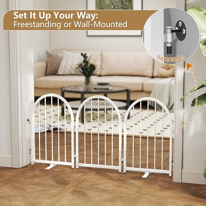 Full Metal Dog Gate with Door for Indoor Outdoor, 24" Tall Free Standing Pet Dog Fence, 108" Extra Wide Pet Gates for Stairs, Hallways, Doorways, Kitchen, Decks, Yards (White, 6 Panels)