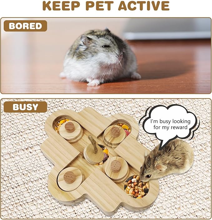 BNOSDM Hamster Foraging Toys Boredom Breaker Pet Rat Foraging Toys Bunny Puzzle Toys for Rabbits Interactive Bunny Toys Wooden Hamster Enrichment Toys for Guinea Pig Chinchillas Small Rodents,5-Hole