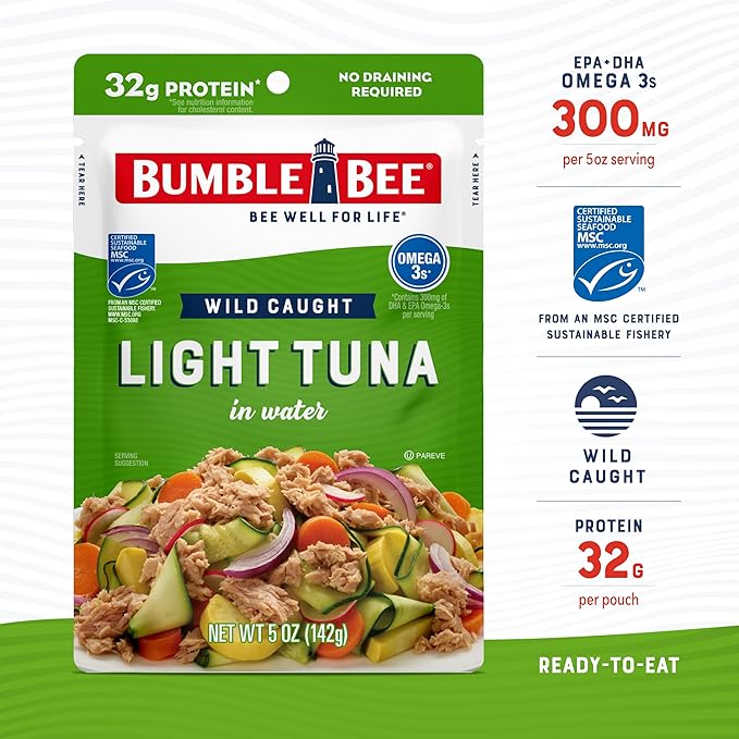 Bumble Bee Chunk Light Tuna in Water, 5 oz Pouches (Pack of 12) - Ready to Eat Wild Caught Skipjack Tuna Packet - 32g Protein per Pouch - MSC Sustainable Seafood, Non-GMO, Gluten Free, Kosher