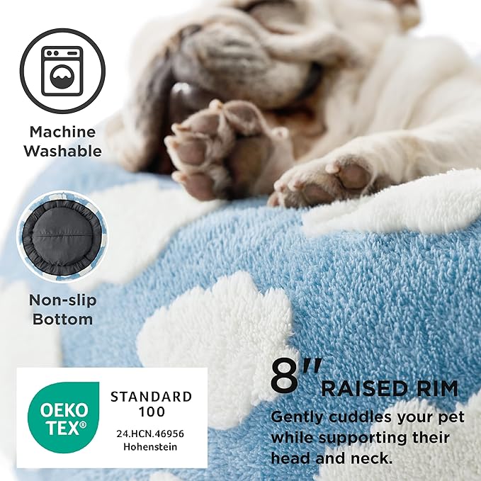 LE SURE Donut Small Dog Bed - Round Cat Beds for Indoor Cats as Gift, Cute Modern Beds with Jacquard Shaggy Plush & Anti Slip Bottom, 27 Inch, Blue