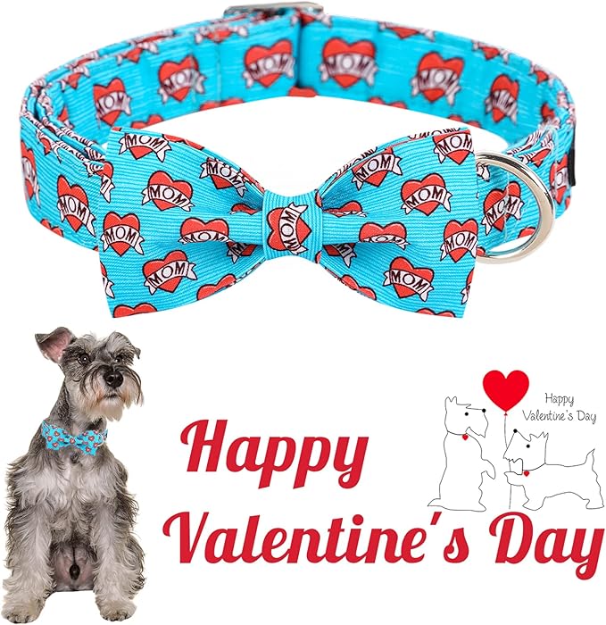 Unique style paws Valentine's Day Dog Collar with Bow Tie Blue Heart Puppy Collar Best Gift for Small Medium Large Boys Girls-S