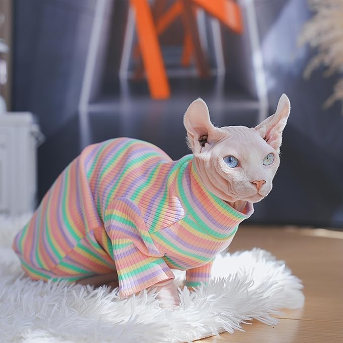PUMYPOREITY Sphynx Cat Clothes - Soft Hairless Shirt With Sleeves, Stretchy Sweater, Pullover Pajamas Jumpsuit, Turtleneck Outfit for Sphynx Cornish Rex, Devon Rex - Rainbow, L