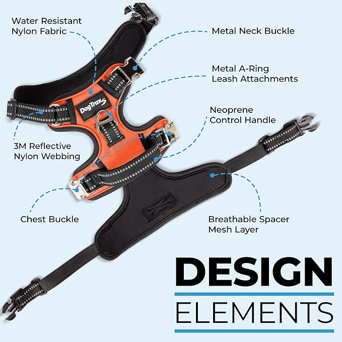Step in Dog Harness for Large Dogs, Orange, Adjustable, Easy On Off, No Pull Through Design, 2 Dog Leash Points, 3M Reflective Trim, Neoprene Padded Control Handle