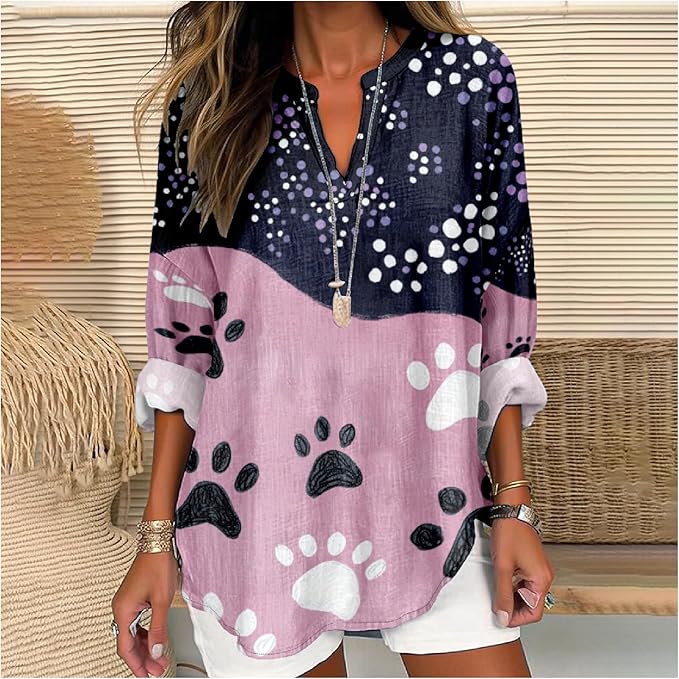 MARSVOVO Cat Shirts for Women Long Sleeve Cute Cat Pullover Graphic Novelty V Neck Blouse Oversized Funny Tunic Tops