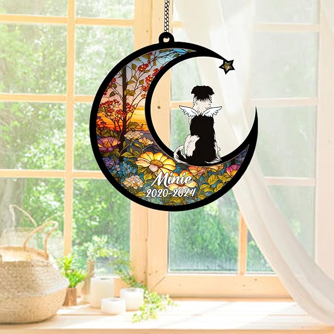 Personalized Border Collie (Black White) Sun Catcher, Dog Memorial Gifts, Custom Border Collie (Black White) with Wings Ornament Christmas Tree, Loss of Dog Sympathy Gift Memorial Suncatchers