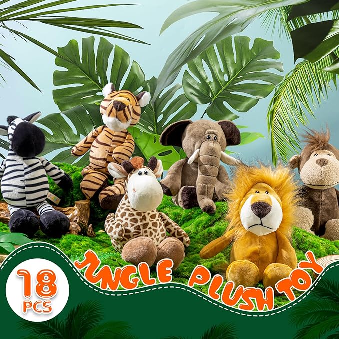 18 Pcs Safari Stuffed Animal, Plush Jungle Animal Toys for Girls Boys, 11.8'' Giraffe Lion Zebra 9.8'' Tiger Monkey 9'' Elephant for Adopt a Pet Party Favor Birthday Gifts Class Award