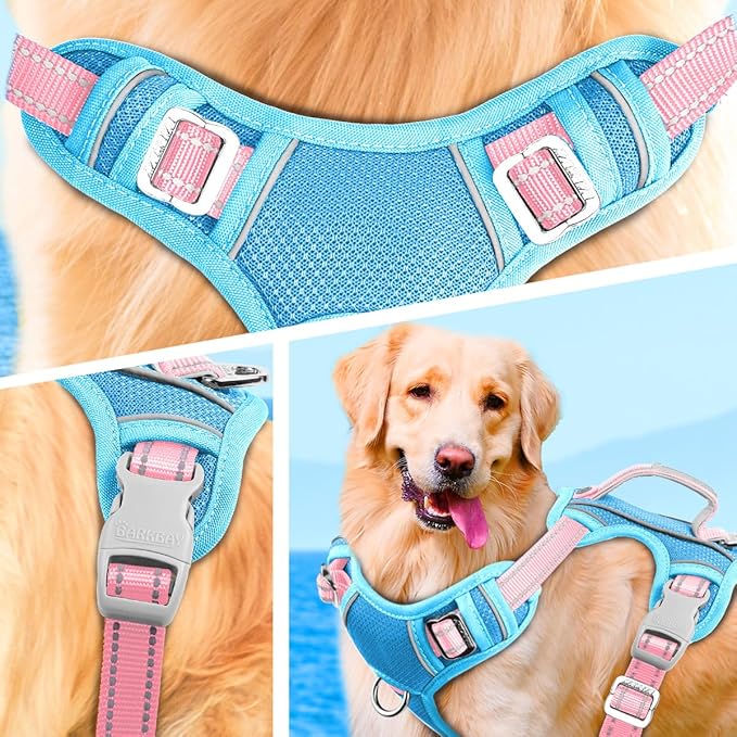 BARKBAY No Pull Dog Harness Large Reflective Dog Harness with Front Clip and Easy Control Handle for Walking Training Running with ID tag Pocket(Baby Blue & Baby Pink,L)