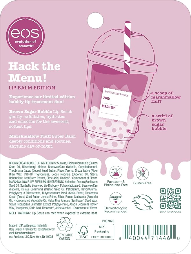 eos Flavor Lab Secret Menu Gift Set - Brown Sugar Boba Lip Scrub Exfoliator & 24H Moisture Super Balm, Limited-Edition Lip Treatment, Nourishing, (Pack of 4)