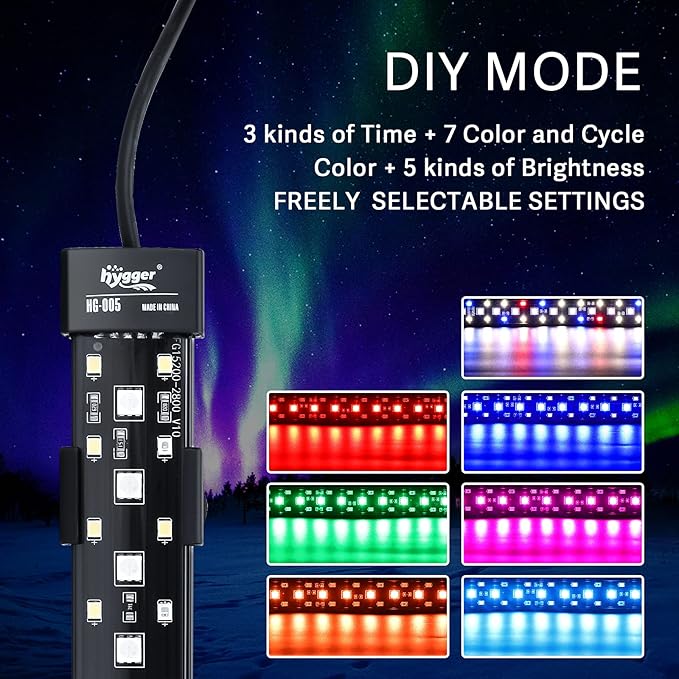 hygger 24/7 Mode Submersible Aquarium LED Light, Full Spectrum Hidden Fish Tank Light with 3 Rows Beads 7 Colors Auto On Off Sunrise-Daylight-Moonlight, Adjustable Timer Brightness 6W