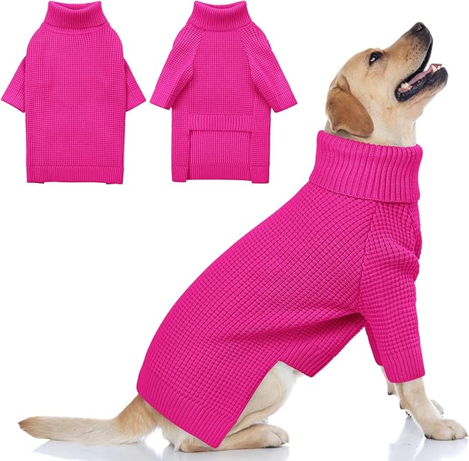 Queenmore Soft Warm Large Dog Sweater, Large Dog Sweaters for Male Dogs, Pet Christmas Sweaters, Extra Large Breeds Kintwear, Turtleneck Pullover Pet Clothes, Fuchsia 3XL