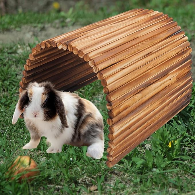 Large Bunny Wooden Hideout Bridge,Flexible Rabbit Tunnel Wood Small Animal Chew Climbing Toys Ladder Ramp Hut for Guinea Pig, Chinchillas, Hedgehogs, Ferrets, Rat(19.6 x 11.8 in)