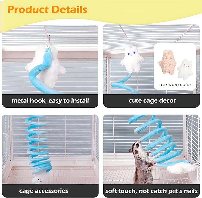 Sugar Glider Toys, Elastic Sugar Glider Climbing Ropes, Hanging Sugar Cage Accessories, Rat Enrichment Climbing Toys, Soft Touch Small Pet Swing Toy (2pcs Blue & Yellow)