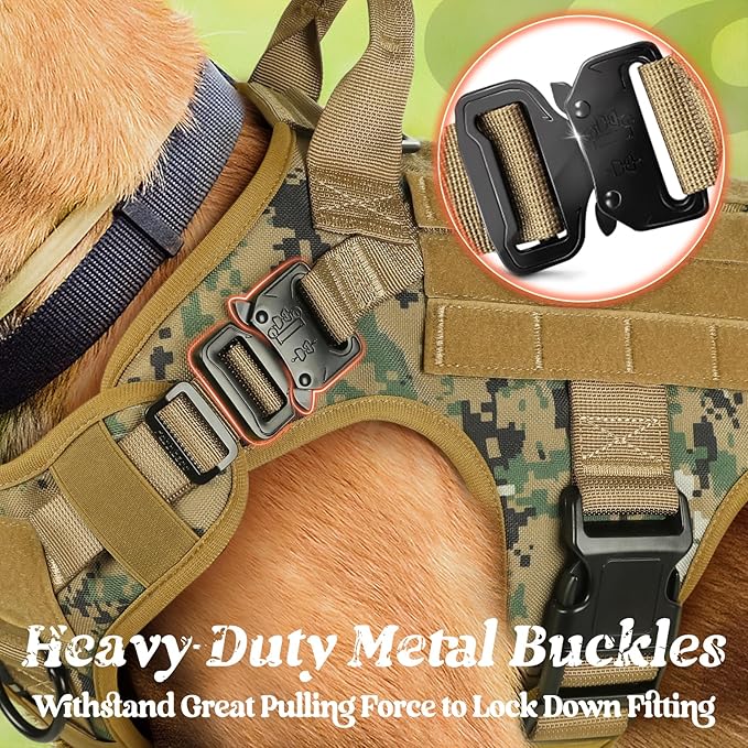 rabbitgoo Tactical Dog Harness for Large, Heavy Duty Pet Harness with Handle, No-Pull Service Vest Large Breed, Adjustable Military Dog Vest for Training Hunting Walking, Brown Camo, XL