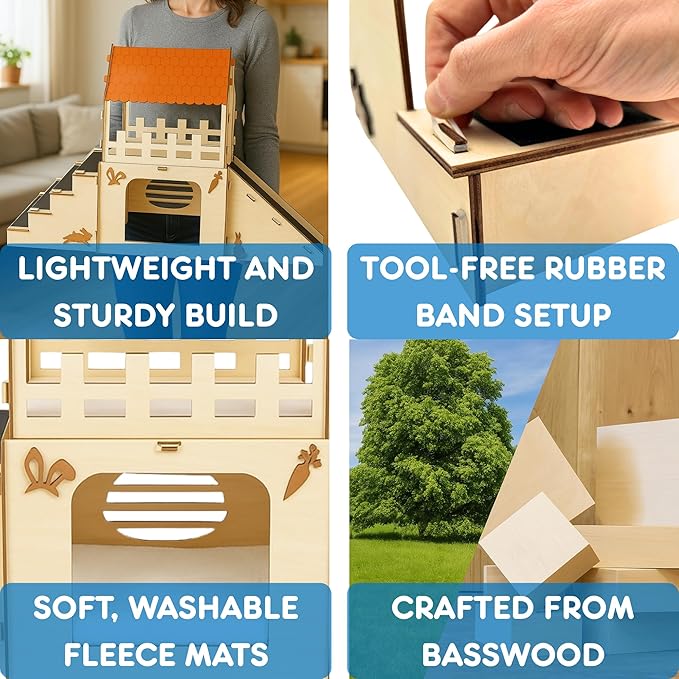 Extra Large Bunny Hideout, Cozy Rabbit Castle with Fleece Mats, Wooden Rabbit Hideout, Bunny House Indoor Indoor, Chinchilla, Guinea Pig House