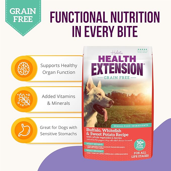 Health Extension Grain Free Buffalo & Whitefish Dry Dog Food - 30+ Superfoods and Probiotics for All Life Stages (10lb)