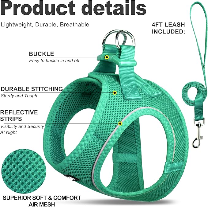 Fida Cat Harness and Leash Set for Walking Kitten and Puppy, Escape Proof Kitten Harness with Breathable Lightweight Soft Mesh, Adjustable Reflective Step-in Design. (S, Green)
