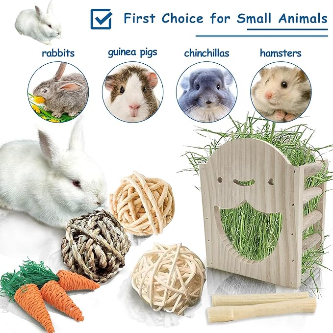 Hamiledyi Wood Rabbit Hay Feeder for Cage Bunny Hay Manger Rack Small Animals Feeding Holder Wooden Grass Dispenser with Chew Toys for Guinea Pig Chinchilla Hamster 9Pcs