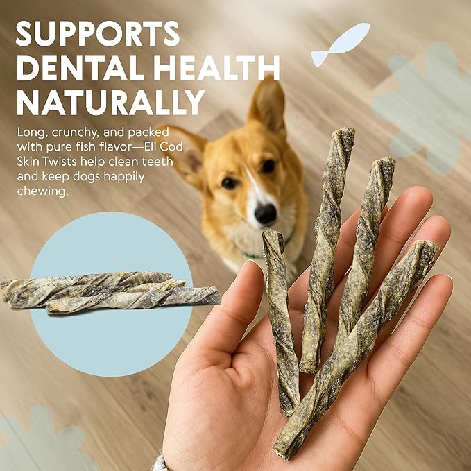 Eli Cod Skin Twists – A Natural, Crunchy Dog Treat Made from Twisted Cod Skins, High in Protein and Omega-3, Ideal for Teeth Cleaning, Single Ingredient, Grain Free, Gluten Free, Air Dried – 2 Pack