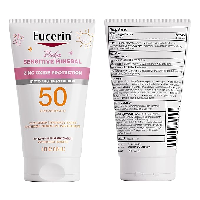 Eucerin Sun Sensitive Mineral Baby Sunscreen Lotion SPF 50 with Zinc Oxide Protection,Hypoallergenic Mineral Sunscreen for Babies,Tear Free and Fragrance Free,4 Fl Oz Tube,(Pack of 2)