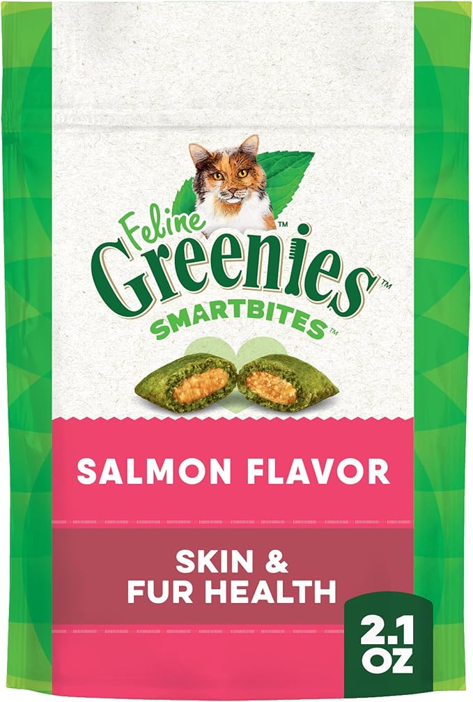 Greenies Feline Smartbites Skin & Fur Crunchy and Soft Cat Treats, Salmon Flavor, 2.1 oz. Pack