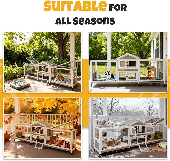 Large 2-Story Outdoor Rabbit Hutch with Wheels, Weatherproof Wooden Bunny Cage with Double Runs, 4 Pull-Out Leak-Proof Trays, 2 Anti-Chew Metal Frame Ramps, Waterproof Roof, Small Animals Cage