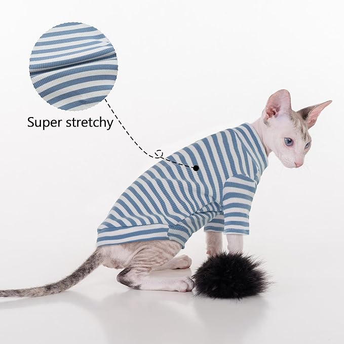 PUMYPOREITY Sphynx Cat Clothes, Soft Hairless Cats Shirt with Sleeves, Stretchy Cat Sweater, Pullover Cat Pajamas Jumpsuit, Turtleneck Cat Outfit for Sphynx Cornish Rex, Devon Rex, Blue, XS