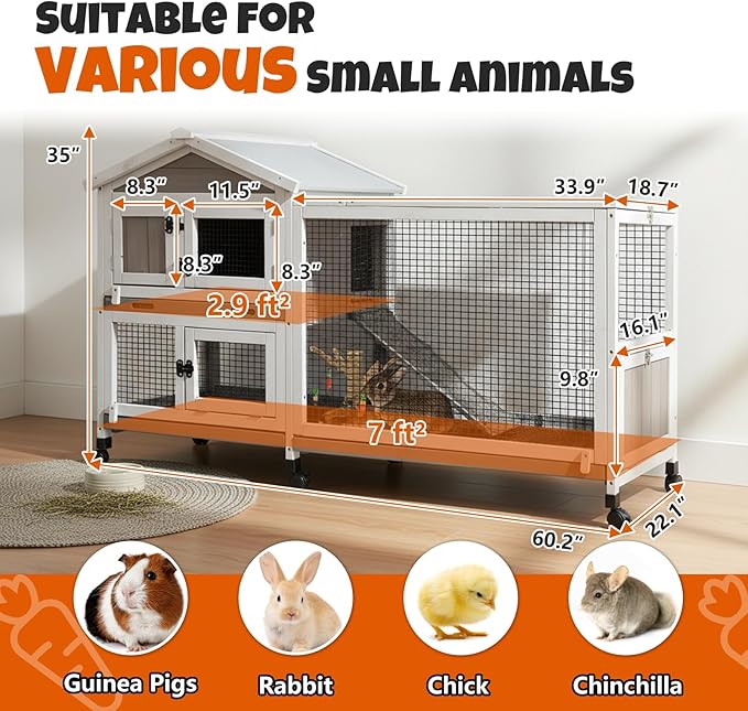 2-Story Rabbit Hutch Outdoor with Wheels, Weatherproof Indoor Bunny Cage with Anti-Chew Metal Frame Ramp, 3 Pull-Out No-Leak Trays, Waterproof Roof, Small Animals Cage