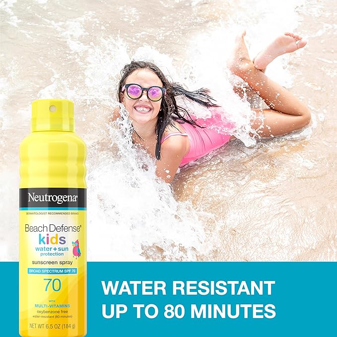 Neutrogena Beach Defense Kids Sunscreen Spray SPF 70, Water-Resistant Spray Sunscreen, Broad Spectrum Protection, Oxybenzone-Free & Fast-Drying, Beach Vacation Essential, 6.5 oz, Pack of 2
