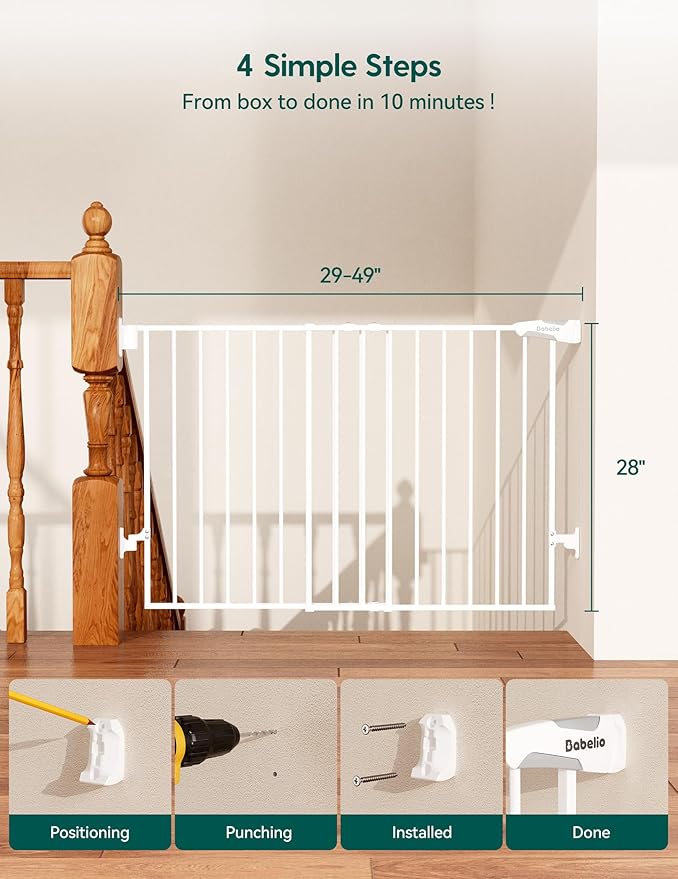 Babelio Baby Gate for Stairs, Kitchen & Doorways, No Bottom Bar| Easy Installation| One-Handed Operation| Auto-Close| Hardware Mount (Drill Needed) Safety Dog Gate (White - B17, 29-49" W, 28" H)