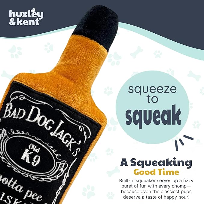 Huxley & Kent Funny Dog Toys w/Squeaker & Crinkle -Stimulating & Interactive Chew Toy for Dogs - Mesh Lined Stuffed Toy - Easy to Clean for All Breeds (Bad Dog Jack's Whiskey,Small)