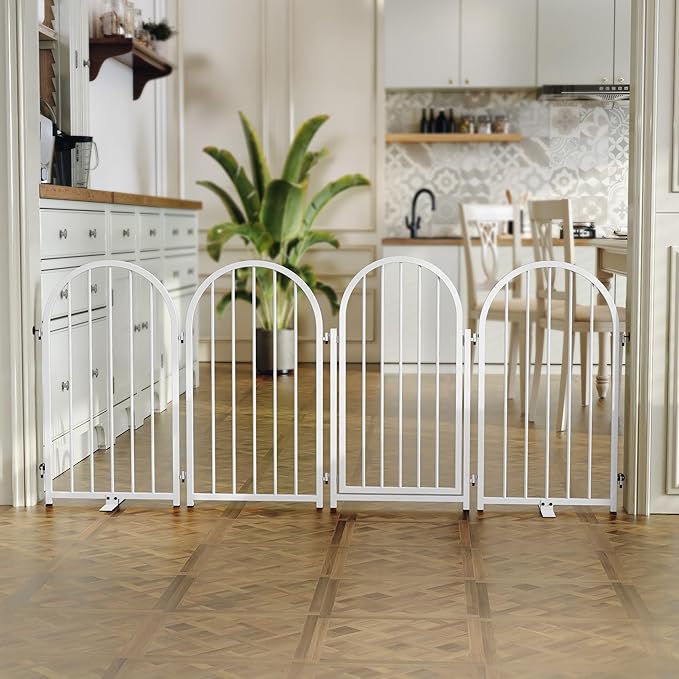 Full Metal Dog Gate with Door for Indoor Outdoor, 32" Tall Free Standing Pet Dog Fence, 72" Extra Wide Pet Gates for Stairs, Hallways, Doorways, Kitchen, Decks, Yards (White, 4 Panels)