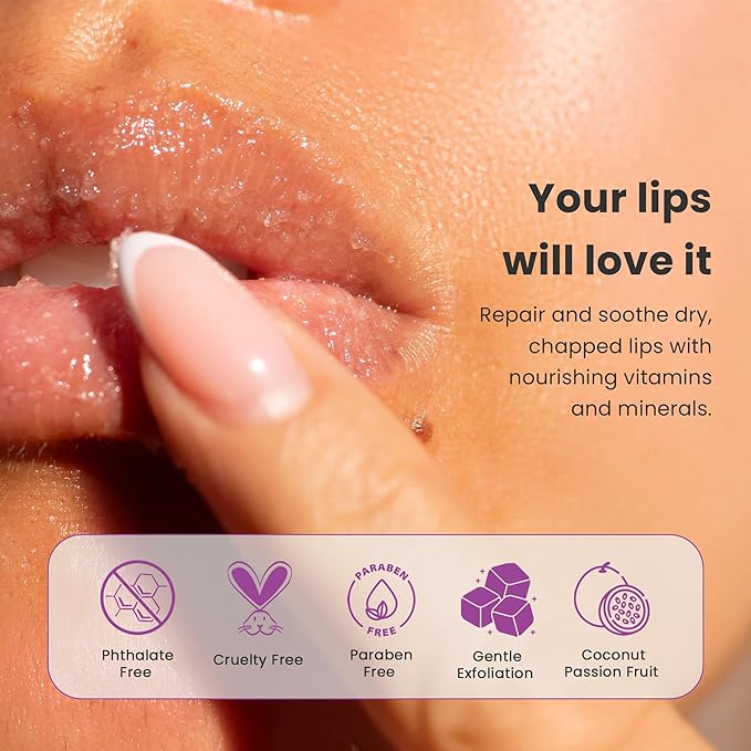 Dermasuri - Lip Exfoliator Scrub & Moisturizer - Sugar Scrubs, Overnight Hydration & Softening - Brighten & Soften Dark Lips For Men & Women -Soothing Dryness -Coconut Passion Fruit Flavor - 20g/0.7oz