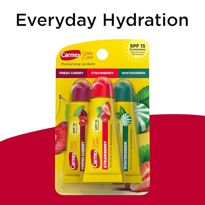 Carmex Daily Care Moisturizing Lip Balm Tubes with SPF, Fresh Cherry, Strawberry and Wintergreen Lip Balm Pack, 0.35 OZ - (5 Packs of 3)