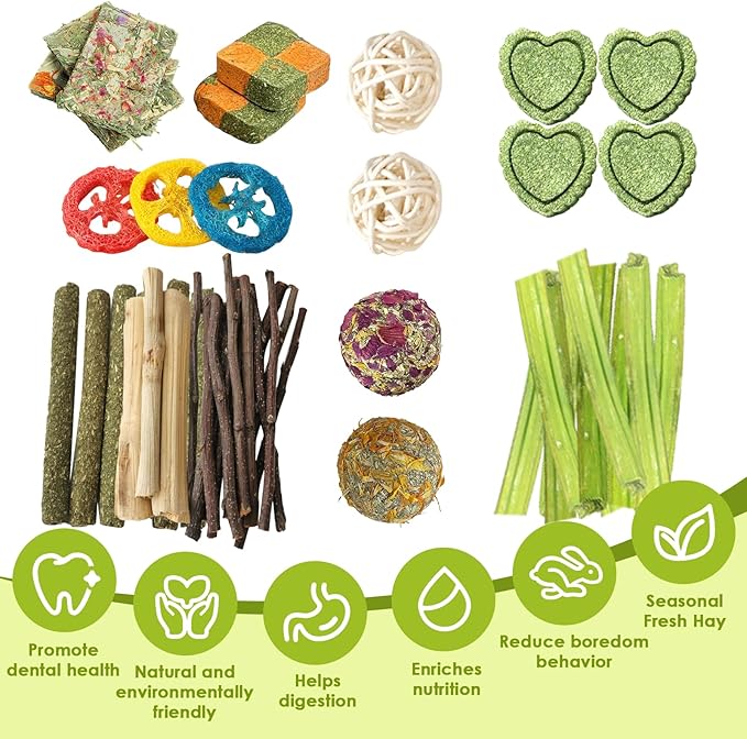 60pcs Bunny Chew Toys for Rabbits Teeth, Natural Rabbit Toys Apple Wood Sticks, Carrot, Timothy Grass Treats for Small Pets, Hamster, Chinchilla, Guinea Pig