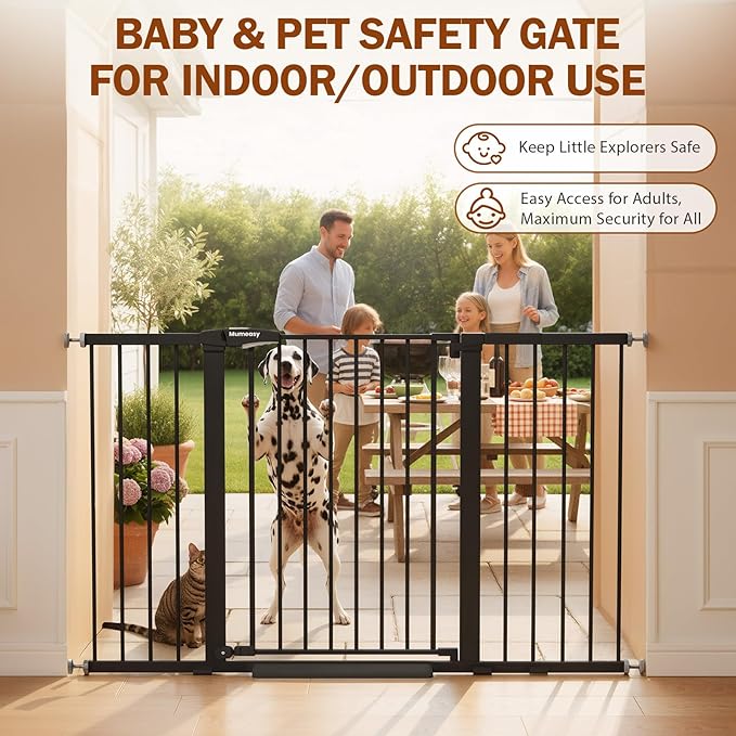 Mumeasy 29.7-57" Extra Wide Baby Gate, Auto Close Large Dog Gate for Doorways, No Drilling Pressure Mounted Pet Safety Gate for Stairs, Easy Walk Through Child Gate for Hallways, House, Indoor, Black