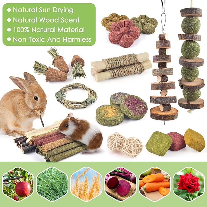 ERKOON Bunny Toys Boredom, 70 PCS Bunnies Timothy Hay Sticks Carrots Rose Grass Cake Dental Care, Molar, Chinchillas Toy Chew Toy, Guinea Pigs, Hamsters, Chinchilla, Rabbit Chew Toys for Teeth