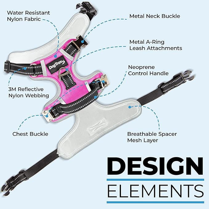 Step in Dog Harness for Large Dogs, Pink, Adjustable, Easy On Off, No Pull Through Design, 2 Dog Leash Points, 3M Reflective Trim, Neoprene Padded Control Handle