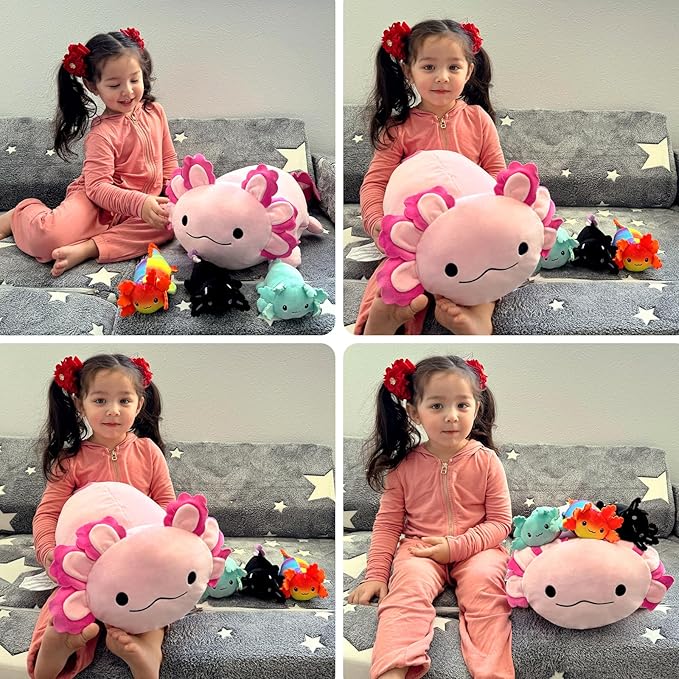 4Pcs Axolotl Plush, Large Pink Axolotl Stuffed Animal Mommy 24 inch with 3 Babies in Tummy, Soft Pillow Toys Gifts for Kids Girls Boys