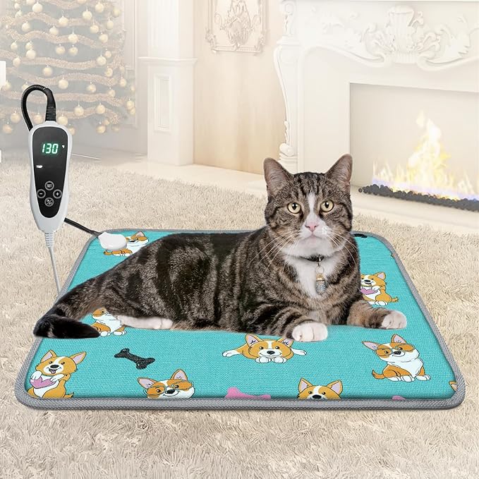 Cat Heating Pad 18x18 in Pet Heating Pad for Cats Waterproof Smart Thermostat Switch, Adjustable, Adding Wire Rope Wires Cat Warming Pad-Blue