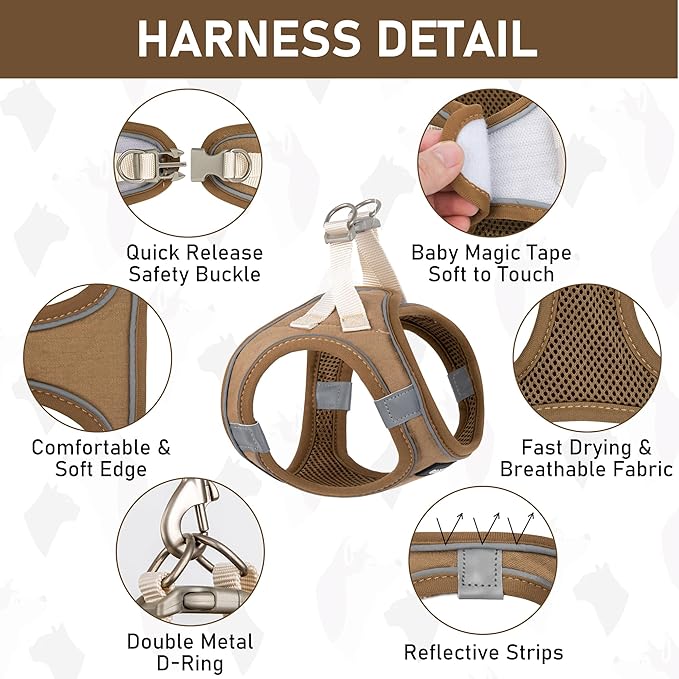 GAMUDA Small Pet Harness Collar and Leash Set, Step in No Chock No Pull Linen Fabric Soft Mesh Dog Vest Harnesses Reflective for Dogs Puppy Cats Kitten Rabbit (Brown, S)
