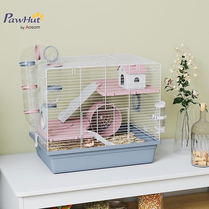 PawHut Hamster Cage, 3-Tier Gerbil Cage with Exercise Wheel, Food Bowl, Water Bottle, House, Tunnels, Ramps, Small Animal Habitat for Dwarf Hamster, Blue