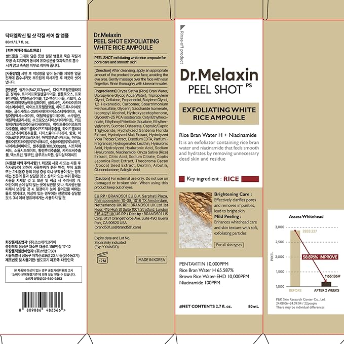 Dr.Melaxin Peel Shot Glow White Rice Peeling Ampoule 80ml, Dead Skin Gentle Exfoliating Ampoule with Rice Water Extract, AHA BHA, Niacinamide, Daily Skin Texture Care, All Skin Types, Korean Skincare