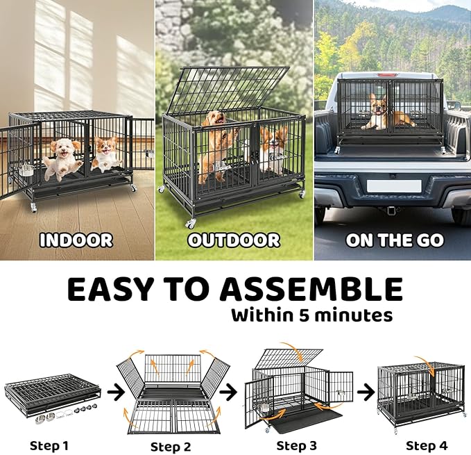 Homey Pet 4 Pack Three Tiers 43 inch Dog Crate with Wheels, Stackable Heavy Duty Indestructible Steel Dog Cage Kennel Indoor with Detachable Divider, Tray, Bowls, Escape Proof Locks