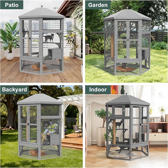 Catio Outdoor Cat Enclosure, Large Indoor Cat Catio for Multiple Cats with Window Access & Waterproof Roof, Includes Cats House, Multiple Platforms & Scratching Post, 65" Kitty Cage, Grey
