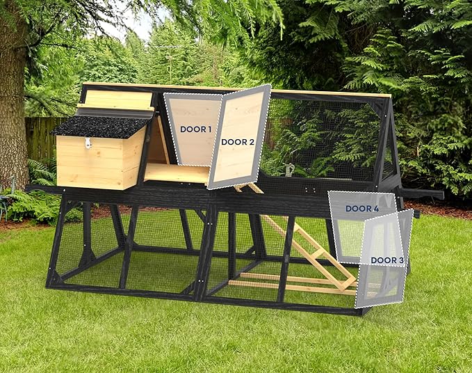 Chicken Coop for 4-8 Chickens, A-Frame Wooden Chicken Run, 95'' Outdoor Poultry Cage w/ 2 Nesting Box, Hen House w/Ventilating Wire, Waterproof Asphalt Roof, Yellow and Black